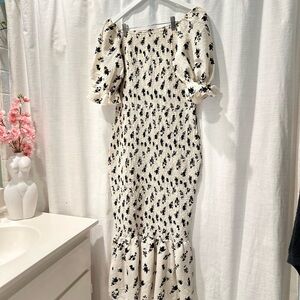 SHEIN Cream and Black Floral Midi Dress